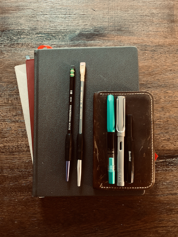 Essential writing supplies: pencils, pens, and notebooks.